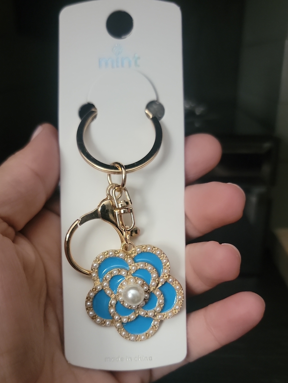 Gold-Tone Blue Flower Keyring with Pearl and Crystals